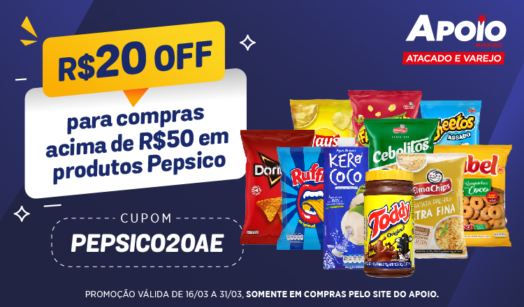 Pepsico - R$20 OFF para compras acima de R$50 em produtos Pepsico 16 a 31/03